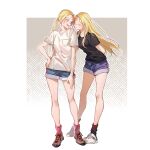  2girls absurdres arms_behind_back black_shirt blonde_hair blue_eyes breast_pocket brown_footwear chinese_commentary closed_eyes closed_mouth commentary_request crocs denim denim_shorts dual_persona full_body hair_up hand_on_hip highres kofune_ushio long_hair looking_at_another multiple_girls open_mouth pink_socks pocket ponytail red_socks shirt shoes short_sleeves shorts simple_background socks standing summertime_render white_background white_footwear white_shirt yuxia_xianyin 