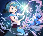  1girl :d blue_eyes blue_hair blue_pants blue_sailor_collar bright_pupils commentary eko000ohce freckles hairband happy highres lana_(pokemon) no_sclera one-piece_swimsuit open_mouth pants pokemon pokemon_(anime) pokemon_(creature) pokemon_sm_(anime) popplio sailor_collar shirt short_hair sleeveless sleeveless_shirt smile swimsuit swimsuit_under_clothes teeth tongue upper_teeth white_pupils white_shirt yellow_hairband 