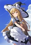  1girl apron bangs black_headwear black_skirt blonde_hair blue_sky bow braid broom clouds cowboy_shot hair_bow haru_(konomi_150) hat hat_bow highres holding holding_broom kirisame_marisa long_hair looking_at_viewer open_mouth outdoors side_braid single_braid skirt sky solo standing touhou waist_apron white_apron white_bow witch_hat yellow_eyes 