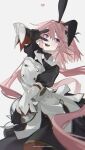  1boy :d animal_ears apron artist_name astolfo_(fate) astolfo_(saber)_(fate) bangs black_gloves black_ribbon bow bowtie copyright crossdressing fake_animal_ears fate/grand_order fate_(series) gloves hair_between_eyes hair_ribbon hand_up heart highres juliet_sleeves k00s long_hair long_sleeves maid male_focus open_mouth otoko_no_ko pink_hair puffy_sleeves rabbit_ears ribbon simple_background smile solo v violet_eyes white_apron white_background 