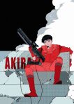  1boy akira black_eyes black_hair boots cable closed_mouth crack frown gloves gun holding holding_gun holding_weapon jacket kaneda_shoutarou male_focus red_footwear red_gloves red_jacket sitting sleeves_rolled_up smoke solo stairs ttk211 twitter_username weapon 