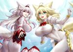  2girls absurdres ahoge animal_ears ass blonde_hair bodysuit breasts fox_ears green_eyes hair_between_eyes hair_intakes highres huge_breasts juliet_sleeves large_breasts long_hair long_sleeves looking_at_viewer minarai_tenna monster_girl multiple_girls narulala open_mouth original puffy_sleeves red_eyes slit_pupils smile very_long_hair white_hair 