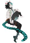1boy absurdres akanbe alternate_costume animal_ears aomaxuanzexuexi arm_tattoo bangs bishounen black_hair choker eyeshadow facial_mark full_body genshin_impact green_hair highres kyahan makeup male_focus multicolored_hair simple_background solo tail tattoo tiger_boy tiger_ears tiger_tail tongue tongue_out twisted_torso white_background xiao_(genshin_impact) yellow_eyes