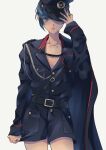  1boy alternate_costume androgynous belt blue_cape blue_eyes blue_hair blue_jacket blue_shorts cape collarbone cowboy_shot eyelashes grey_background hand_up hat highres jacket lips long_sleeves looking_at_viewer male_focus military military_hat military_uniform nana_(hndj4527) parted_lips protagonist_(smtv) shadow shin_megami_tensei shin_megami_tensei_v short_hair shorts single_sidelock solo thighs uniform 