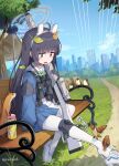  1girl animal_ears bench binoculars bird black_hair blue_archive blue_footwear blue_skirt blush bow bowtie dirty dirty_clothes fake_animal_ears green_bow green_bowtie gun halo hibi_tsuna highres holding holding_gun holding_weapon knee_pads leaf leaf_on_head long_hair looking_at_viewer miyu_(blue_archive) pantyhose pleated_skirt rabbit_ears red_eyes rifle sailor_collar scope shoe_print shoes simple_background single_knee_pad sitting skirt sneakers solo strap two-tone_footwear uniform weapon white_background white_footwear white_pantyhose white_sailor_collar 