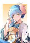  alternate_costume bai-hyacinth blue_hair blush bow eyes_visible_through_hair flower gradient gradient_background hair_flower hair_ornament haori haori_himo japanese_clothes kingyo_hime_(onmyoji) liquid_hair long_hair looking_at_viewer onmyoji pink_flower pointy_ears reikai_kingyo_hime ribbon shiny shiny_hair upper_body white_bow yellow_eyes 