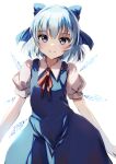  1girl bangs blue_bow blue_dress blue_eyes blue_hair bow cirno closed_mouth collared_shirt dress fairy hair_bow highres ice ice_wings looking_at_viewer natsume_suzuri pinafore_dress shirt short_hair simple_background smile solo touhou white_background white_shirt wings 