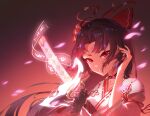  1girl ahoge another-m bangs black_choker black_hair choker closed_mouth flower_knot gloves hands_up highres long_hair looking_at_viewer onmyoji red_eyes single_glove solo sword upper_body weapon youtou_hime_(onmyoji) 