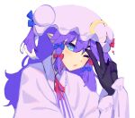  1girl :o cosplay hair_behind_ear hat head_wings heterochromia highres long_hair looking_at_viewer mob_cap nijisanji nijisanji_en one_eye_closed open_mouth patchouli_knowledge patchouli_knowledge_(cosplay) pink_headwear pink_shirt pointy_ears purple_hair selen_tatsuki shirt solo touhou v virtual_youtuber yuno_(p2eocene) 