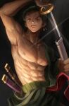  1boy abs earrings green_hair highres holding japanese_clothes jewelry katana looking_at_viewer male_focus muscular muscular_male oekakiboya one_piece pectorals roronoa_zoro scar scar_across_eye short_hair simple_background solo sword weapon 