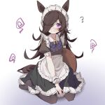  1girl alternate_costume animal_ears apron black_dress black_pantyhose blush brown_hair closed_mouth collared_dress dress enmaided flying_sweatdrops full_body hair_over_one_eye horse_ears horse_girl horse_tail long_hair looking_at_viewer maid maid_headdress no_shoes pantyhose puffy_short_sleeves puffy_sleeves raised_eyebrows rice_shower_(umamusume) short_sleeves sitting solo suimz tail umamusume violet_eyes waist_apron wariza 