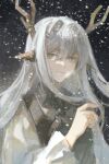 1girl alina_(arknights) animal_ears antlers arknights blue_eyes closed_mouth dress fl hair_intakes hair_ornament hairclip hand_up highres long_sleeves looking_at_viewer smile snowing solo upper_body white_dress white_hair