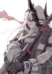  1girl absurdres arknights black_gloves bodysuit gloves helmet highres holding holding_weapon long_hair long_sleeves mudrock_(arknights) one_eye_covered originium_(arknights) parted_lips red_eyes simple_background solo te_gong_fengmi_huangyou_la_regou upper_body weapon white_background white_bodysuit white_hair 