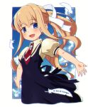  1girl :d air bangs black_dress blonde_hair blue_eyes blue_sky blush brown_shirt clouds collared_shirt commentary_request day dress english_text feathers hair_between_eyes hair_ribbon kamio_misuzu looking_at_viewer mawaru_(mawaru) necktie outstretched_arms ponytail puffy_short_sleeves puffy_sleeves red_necktie ribbon shirt short_necktie short_sleeves sky sleeveless sleeveless_dress smile solo white_feathers white_ribbon 
