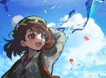  1girl :d bangs brown_eyes brown_hair cable_knit cardigan clouds collared_dress commentary_request confetti corviknight day dress gloria_(pokemon) green_headwear grey_cardigan happy hat highres kika looking_to_the_side open_mouth outdoors pink_dress pokemon pokemon_(game) pokemon_swsh silhouette sky smile tam_o&#039;_shanter tongue 