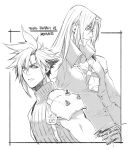  2boys armor bangs border character_name chest_strap cloud_strife earrings final_fantasy final_fantasy_vii final_fantasy_vii_remake greyscale hair_behind_ear hair_between_eyes high_collar hiryuu_(kugelcruor) jacket jewelry long_hair looking_at_viewer looking_to_the_side male_focus monochrome multiple_boys open_collar parted_bangs sephiroth short_hair shoulder_armor signature single_earring sleeveless sleeveless_turtleneck spiky_hair suspenders turtleneck upper_body 