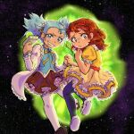  2girls animification blue_hair brown_hair dress drooling frilled_dress frilled_skirt frills genderswap genderswap_(mtf) highres holding_hands labcoat morty_smith multiple_girls official_art portal_(object) rick_and_morty rick_sanchez saliva skirt space sweatdrop thigh-highs younger 