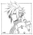  1boy armor border buster_sword cloud_strife earrings final_fantasy final_fantasy_vii final_fantasy_vii_remake greyscale hair_between_eyes hiryuu_(kugelcruor) jewelry looking_at_viewer male_focus monochrome portrait short_hair shoulder_armor single_earring sleeveless sleeveless_turtleneck solo spiky_hair turtleneck weapon weapon_on_back white_background 