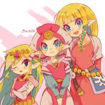  1girl artist_name back belt blonde_hair blue_eyes blush dress floating_hair gloves highres jewelry long_hair looking_at_viewer multicolored_hair multiple_persona necklace pink_dress princess_zelda the_legend_of_zelda the_legend_of_zelda:_ocarina_of_time the_legend_of_zelda:_skyward_sword the_legend_of_zelda:_spirit_tracks the_legend_of_zelda:_the_wind_waker tiara tokuura 