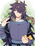  1boy animal_on_head animal_on_shoulder ayius fengxi_(the_legend_of_luoxiaohei) hair_over_one_eye leaf long_hair long_sleeves on_head plant pointy_ears purple_hair shadow solo the_legend_of_luo_xiaohei very_long_hair 