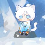  1girl animal_ears apex_legends bangs blue_eyes blush cat_ears cat_tail chibi flashpoint_wraith gradient gradient_jacket hair_bun jacket looking_up official_alternate_costume parted_bangs paw_print sitting snow solo tail white_hair wraith_(apex_legends) yuuu_(maruunaka) 