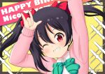  1girl \m/ arms_up bangs black_hair blush bow character_name collared_shirt commentary_request diagonal-striped_bow dress_shirt green_bow grin hair_between_eyes hair_bow happy_birthday looking_at_viewer love_live! love_live!_school_idol_project mitya one_eye_closed pink_sweater red_bow red_eyes school_uniform shirt smile solo sparkle_background sweater twintails twitter_username upper_body white_shirt yazawa_nico yellow_background 