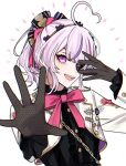  1girl :d ahoge black_gloves bow chain chuunibyou cropped_jacket eyepatch gloves gold_chain hand_over_eye hand_up heart heart_ahoge kiyukyuu maria_marionette nijisanji nijisanji_en open_mouth outstretched_hand pink_bow pink_hair ponytail reaching_out smile solo upper_body violet_eyes virtual_youtuber 