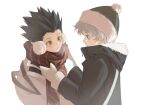  2boys adjusting_scarf beanie black_coat black_hair black_headwear blue_eyes blush breath brown_eyes coat dressing_another earmuffs feitian5575 gon_freecss grey_hair hat highres hunter_x_hunter killua_zoldyck long_sleeves looking_at_another looking_away male_focus mittens multiple_boys parted_lips profile red_scarf scarf simple_background spiky_hair turtleneck upper_body white_background white_coat winter_clothes 
