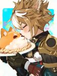  1boy animal_ears aqua_background armor bangs blush closed_eyes commentary_request dog_boy dog_ears from_side genshin_impact gorou_(genshin_impact) highres hitohitori holding holding_plate japanese_armor kiss kissing_nose male_focus multicolored_hair orange_hair plate short_hair solo streaked_hair tassel upper_body white_background white_hair 