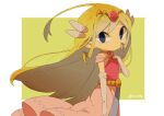 1girl artist_name back belt blonde_hair blue_eyes blush dress floating_hair gloves jewelry long_hair looking_at_viewer multicolored_hair necklace pink_dress princess_zelda solo the_legend_of_zelda the_legend_of_zelda:_spirit_tracks the_legend_of_zelda:_the_wind_waker tiara tokuura wind
