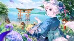  1girl andychen bug butterfly day flower lake meridian_project mizuki_(vtuber) official_art outdoors petals plant purple_flower solo tree virtual_youtuber 
