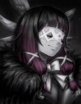  1girl artist_name black_hair closed_mouth coat columbina_(genshin_impact) eye_mask fur-trimmed_coat fur_trim genshin_impact hair_ornament head_wings kukimoki light_smile long_hair monochrome multicolored_hair pink_hair portrait simple_background solo spot_color streaked_hair two-tone_hair white_mask x_hair_ornament 