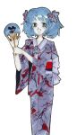 80s blue_hair chinese_text english_text grin hair_ornament hand_fan himitsu holding holding_fan japanese_text looking_past_viewer simple_background white_background wikipe-tan wikipedia yukata