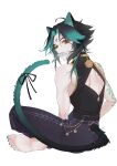  1boy absurdres alternate_costume animal_ears aomaxuanzexuexi aqua_nails bangs bell bishounen black_bow black_hair bow cat_boy cat_ears cat_tail closed_mouth eyeshadow facial_mark fish forehead_mark full_body genshin_impact green_hair highres jewelry makeup male_focus mouth_hold multicolored_hair simple_background sitting solo tail tattoo white_background xiao_(genshin_impact) yellow_eyes 