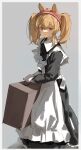  1girl absurdres alternate_costume angelina_(arknights) animal_ears apron arknights bangs black_dress blonde_hair border dress enmaided feet_out_of_frame fox_ears grey_background hairband highres holding holding_suitcase long_hair maid parted_lips red_eyes red_hairband rosehip_t72 sidelocks simple_background smile standing suitcase twintails white_apron white_border 