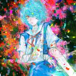  1girl abstract_background arm_sling atzanka123 ayanami_rei bandage_on_neck bandages blue_hair confetti evangelion:_3.0+1.0_thrice_upon_a_time eyepatch glitch highres looking_at_viewer neon_genesis_evangelion rebuild_of_evangelion red_eyes short_hair solo upper_body 