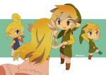  2girls artist_name back belt blonde_hair blue_eyes blush dress floating_hair gloves green_headwear jewelry link long_dress long_hair looking_at_viewer multicolored_hair multiple_girls necklace pink_dress pointy_ears princess_zelda tetra the_legend_of_zelda the_legend_of_zelda:_the_wind_waker tiara tokuura 