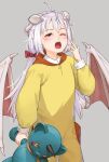  1girl ;o ahoge commentary demon_girl demon_wings english_commentary female_child grey_background hair_ribbon hand_to_own_mouth holding holding_stuffed_toy horns light_blush lilim_(monster_girl_encyclopedia) long_hair long_sleeves looking_at_viewer low_twintails maritan_(pixelmaritan) monster_girl_encyclopedia one_eye_closed onesie original pointy_ears puffy_long_sleeves puffy_sleeves red_eyes red_ribbon ribbon runa_(maritan) simple_background solo stuffed_animal stuffed_toy teddy_bear tongue twintails white_hair wings yawning 