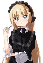  1girl bangs black_dress black_hairband blonde_hair blunt_bangs blush collar commentary_request dress frilled_collar frilled_hairband frills gosick gothic_lolita green_eyes hairband haru_(konomi_150) highres hime_cut lolita_fashion long_hair long_sleeves looking_at_viewer simple_background smoking_pipe solo upper_body very_long_hair victorica_de_blois white_background wide_sleeves 