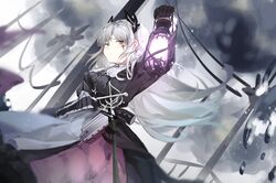  1girl ammunition_belt arknights arm_up black_dress black_gloves black_hair cowboy_shot dress frown gloves grey_eyes grey_hair grey_sky gun handgun head_wings highres holding holding_lantern holstered_weapon irene_(arknights) lantern long_hair long_sleeves looking_at_viewer mangguomg233 multicolored_clothes multicolored_dress outdoors pink_dress scar scar_across_eye solo weapon white_dress 