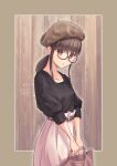  1girl absurdres bag bangs belt black-framed_eyewear black_shirt blush brown_background brown_eyes brown_hair brown_headwear collarbone glasses handbag highres looking_at_viewer low_ponytail noritama_(bj_lapis) original pink_skirt ponytail shirt sidelocks skirt standing 