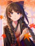  1girl absurdres ahoge autumn autumn_leaves bangs black_coat blunt_bangs braid brown_hair coat dot_nose falling_leaves flat_chest hand_on_own_chest hand_up highres ibuki_(ibuki0118) japanese_clothes kimono leaf light_blush long_hair looking_at_viewer motion_blur nijisanji orange_background parted_lips red_kimono solo tree tsukino_mito twin_braids twintails violet_eyes 