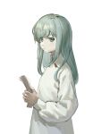  1girl changjixitingrimu902 green_eyes green_hair highres holding holding_paper long_hair long_sleeves looking_at_viewer original paper shirt solo upper_body white_background white_shirt 