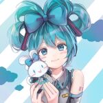  1girl alternate_hairstyle animal aqua_nails aqua_necktie artist_name bangs bare_shoulders blue_bow blue_eyes blue_hair blue_theme blush blush_stickers bow cinnamiku cinnamoroll closed_mouth clothed_animal collared_shirt cosplay crossover detached_sleeves ear_bow grey_shirt hair_bow hair_rings hands_up hatsune_miku hatsune_miku_(cosplay) head_tilt headphones holding holding_animal long_hair looking_at_viewer matching_outfit necktie open_mouth rachip sanrio shirt smile striped striped_background tied_ears updo upper_body vocaloid 