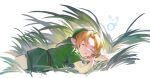  1boy 1other azuco blonde_hair cowboy_shot day facing_viewer fairy grass green_headwear green_tunic hat highres link nature navi on_ground pointy_ears pointy_hat short_sleeves sleeping sunlight the_legend_of_zelda tunic white_background 