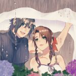  1boy 1girl 3mu_ff aerith_gainsborough arm_up armor bare_shoulders black_hair blue_eyes blurry blurry_foreground braid braided_ponytail brown_hair crisis_core_final_fantasy_vii dress earrings final_fantasy final_fantasy_vii flower green_eyes hair_ribbon highres jewelry long_hair looking_at_another rain ribbon shoulder_armor sleeveless sleeveless_dress sleeveless_turtleneck sweater turtleneck turtleneck_sweater upper_body water_drop wet wet_hair zack_fair 