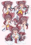  1girl absurdres ascot bare_shoulders blush bow brown_hair closed_eyes detached_sleeves gohei hair_between_eyes hair_bow hair_tubes hakurei_reimu highres holding japanese_clothes long_hair multiple_views nontraditional_miko open_mouth red_bow red_eyes ribbon-trimmed_sleeves ribbon_trim sidelocks smile touhou tsune_(tune) white_sleeves wide_sleeves yellow_ascot 