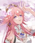 1069532 1girl animal_ears arm_up bare_shoulders blurry blurry_foreground bright_pupils earrings eyelashes flower fox_ears genshin_impact hair_between_eyes highres jewelry long_eyelashes looking_up parted_lips petals pink_flower pink_hair single_earring smile solo teeth violet_eyes vision_(genshin_impact) white_pupils yae_miko 