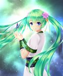 1girl ainu_clothes blue_eyes bug butterfly flower green_hair hair_flower hair_ornament hands_up hatsune_miku highres looking_at_viewer lostangelvn mixed-language_commentary short_sleeves smile standing twintails vocaloid 