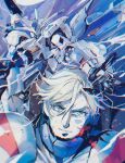  1boy bangs blonde_hair blood blue_eyes blurry commentary gundam gundam_bael gundam_tekketsu_no_orphans hair_between_eyes highres kare_(0621utak) looking_at_viewer mcgillis_fareed mecha mobile_suit pilot_suit robot science_fiction smile upper_body v-fin 